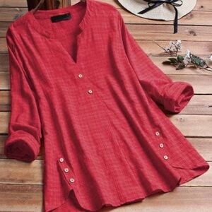 E Retro Ladies 2XL V-neck Irregular Hem Button Decoration Long Sleeve Top